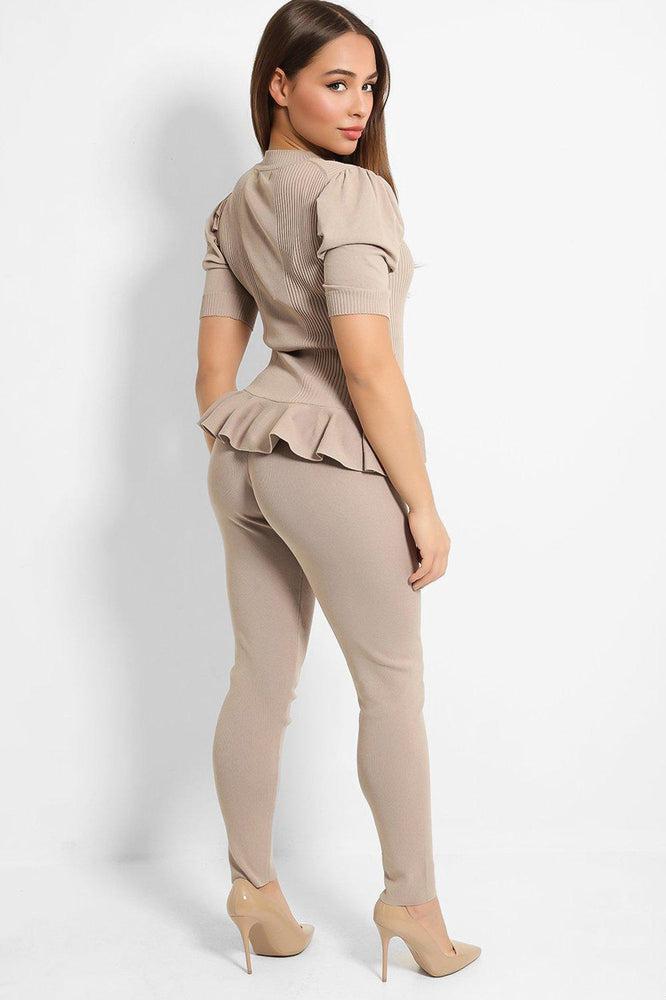Beige Ribbed Knit Puff Sleeve Peplum Top And Leggings Set-SinglePrice