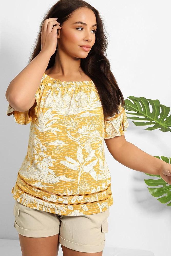 Mustard White Floral Print Off Shoulder Blouse-SinglePrice