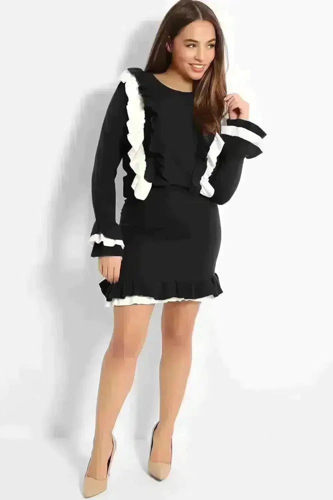 Black Double Frill Knitted Top And Skirt Set-SinglePrice