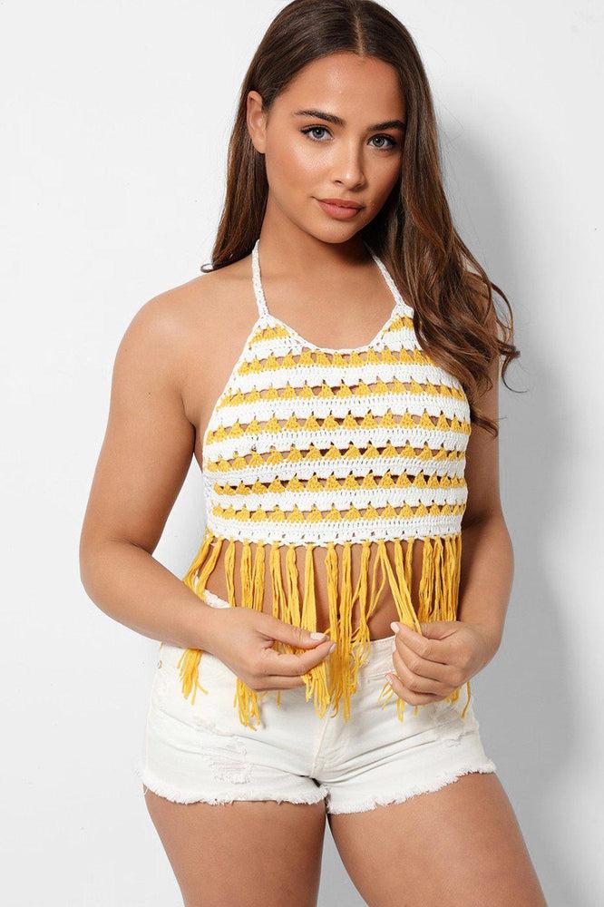 White Yellow Fringed Crochet Knit Halter Neck Crop Top-SinglePrice