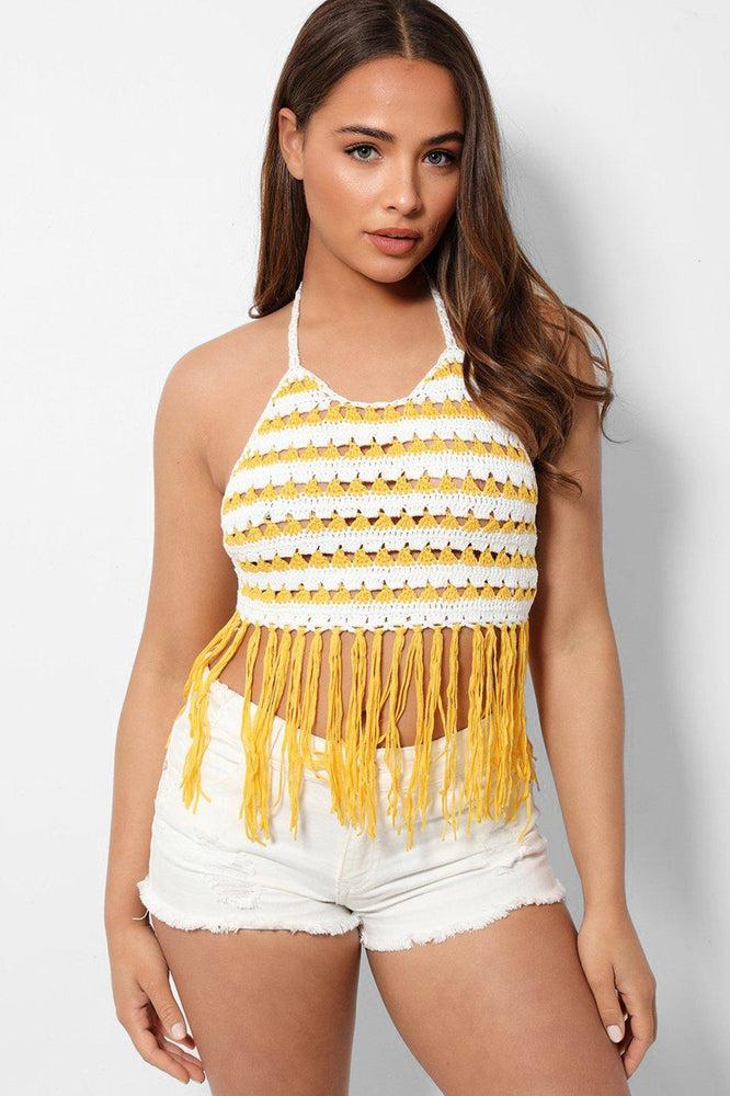 White Yellow Fringed Crochet Knit Halter Neck Crop Top-SinglePrice