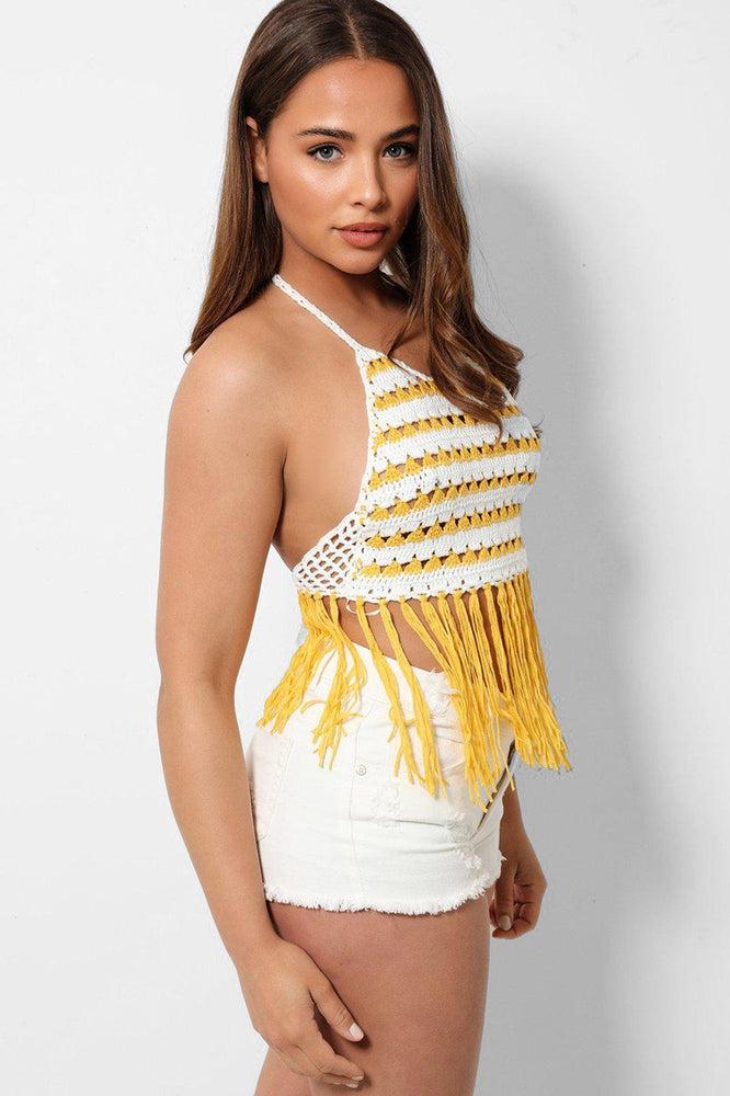 White Yellow Fringed Crochet Knit Halter Neck Crop Top-SinglePrice