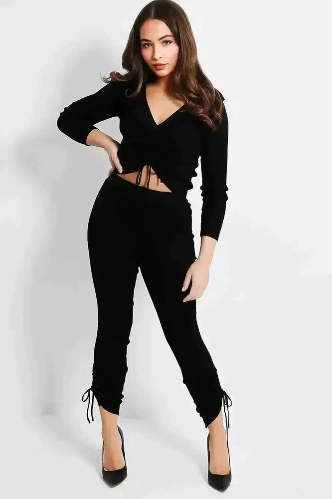 Black Ribbed Knit Drawstring Top Lounge Set-SinglePrice