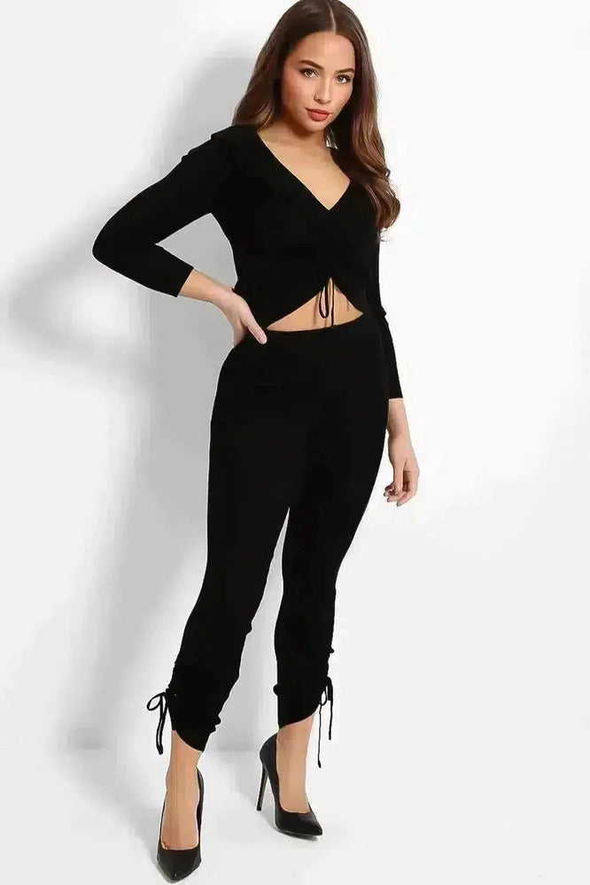 Black Ribbed Knit Drawstring Top Lounge Set-SinglePrice