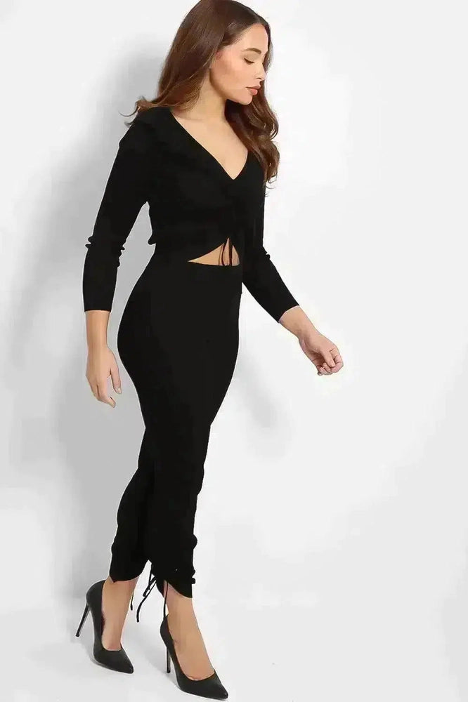 Black Ribbed Knit Drawstring Top Lounge Set-SinglePrice