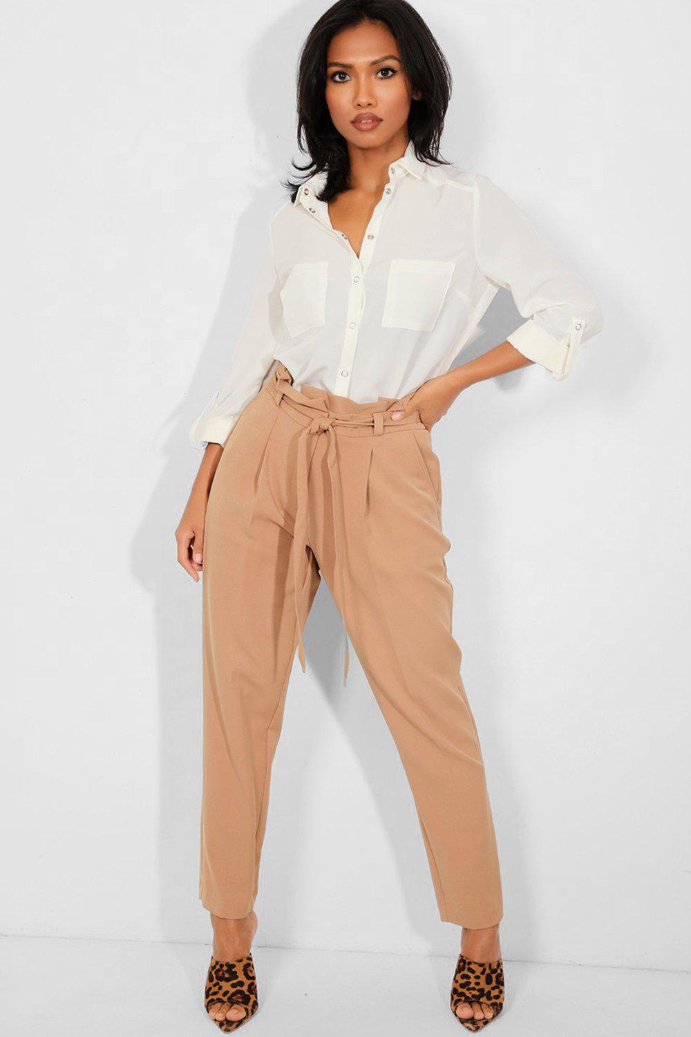 Beige Paperbag Tie Up Waist Smart Casual Trousers-SinglePrice