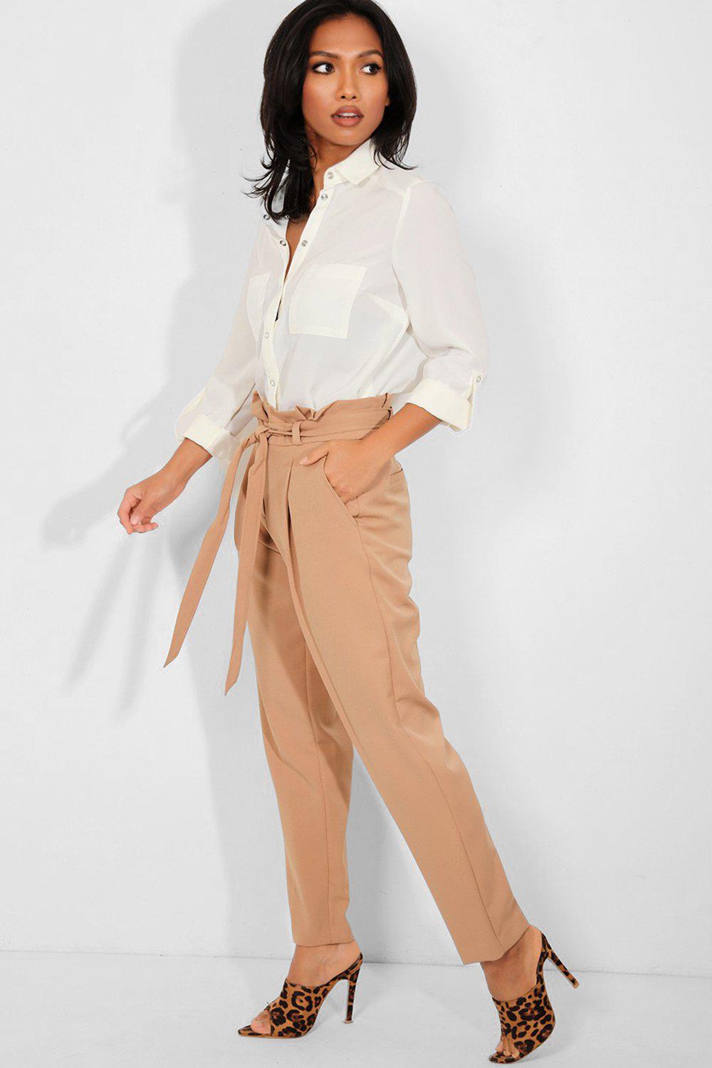 Beige Paperbag Tie Up Waist Smart Casual Trousers-SinglePrice