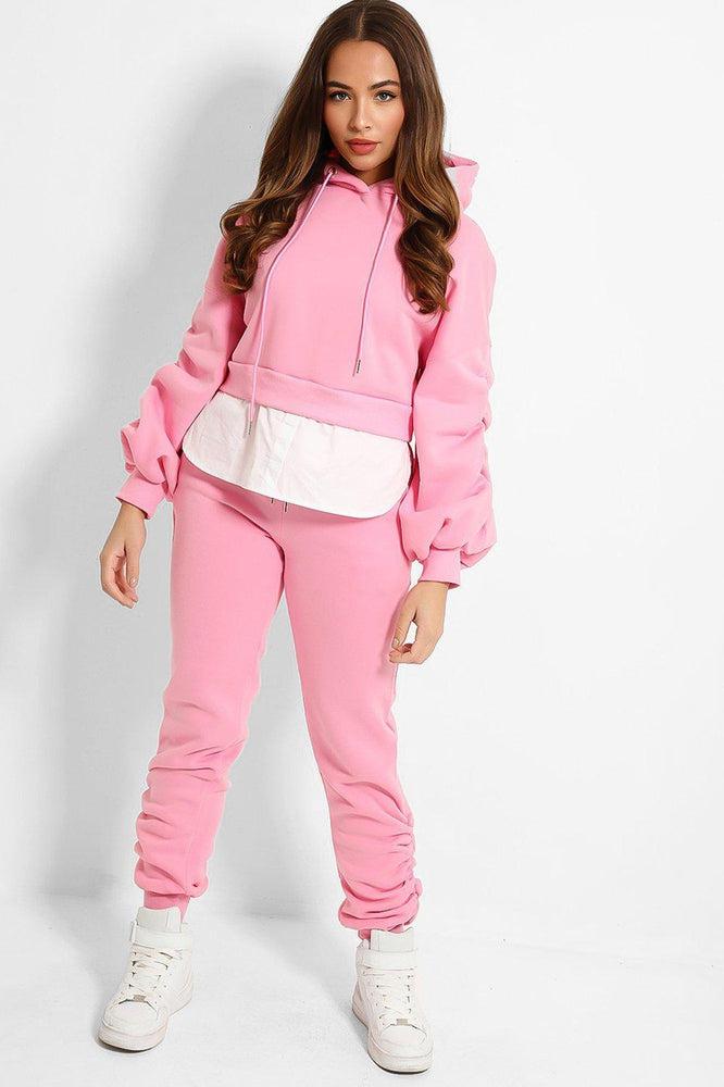 Baby Pink Shirt Hem Ruched Sleeve Loungewear Set-SinglePrice