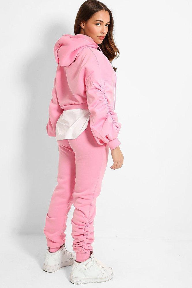 Baby Pink Shirt Hem Ruched Sleeve Loungewear Set-SinglePrice