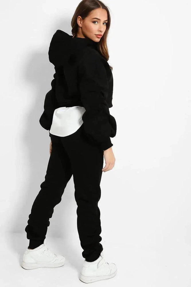 Black Shirt Hem Ruched Sleeve Loungewear Set-SinglePrice
