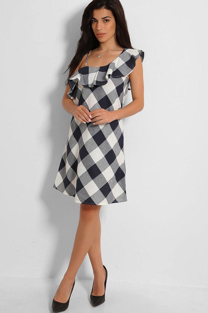 Navy White Check Frill Neckline Dress-SinglePrice