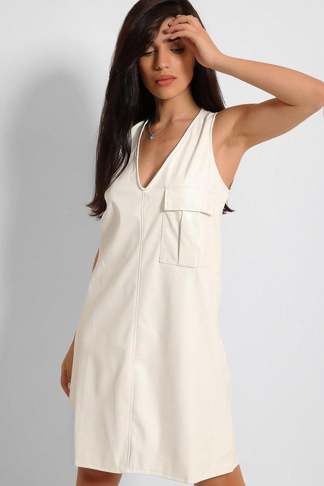 White Vegan Leather V-Neck Sleeveless Dress-SinglePrice