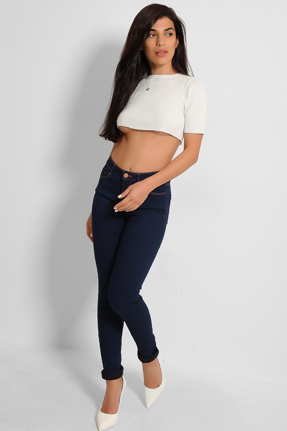 Navy Mid-Rise Contrast Stitch Skinny Jeans - SinglePrice