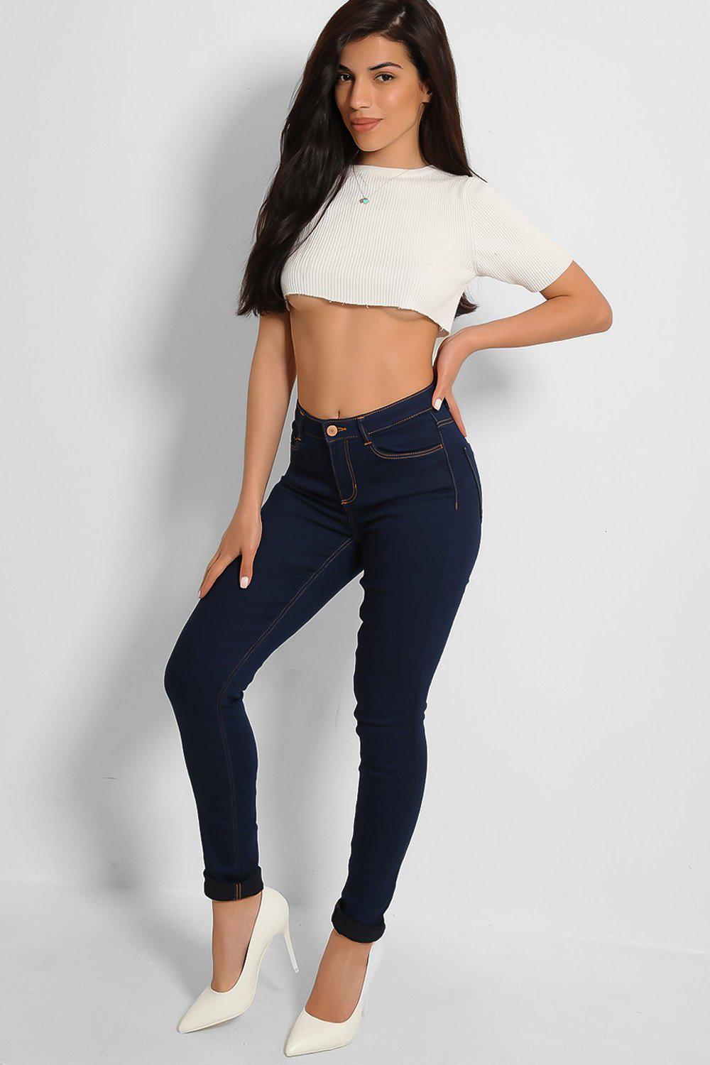 Navy Mid-Rise Contrast Stitch Skinny Jeans - SinglePrice