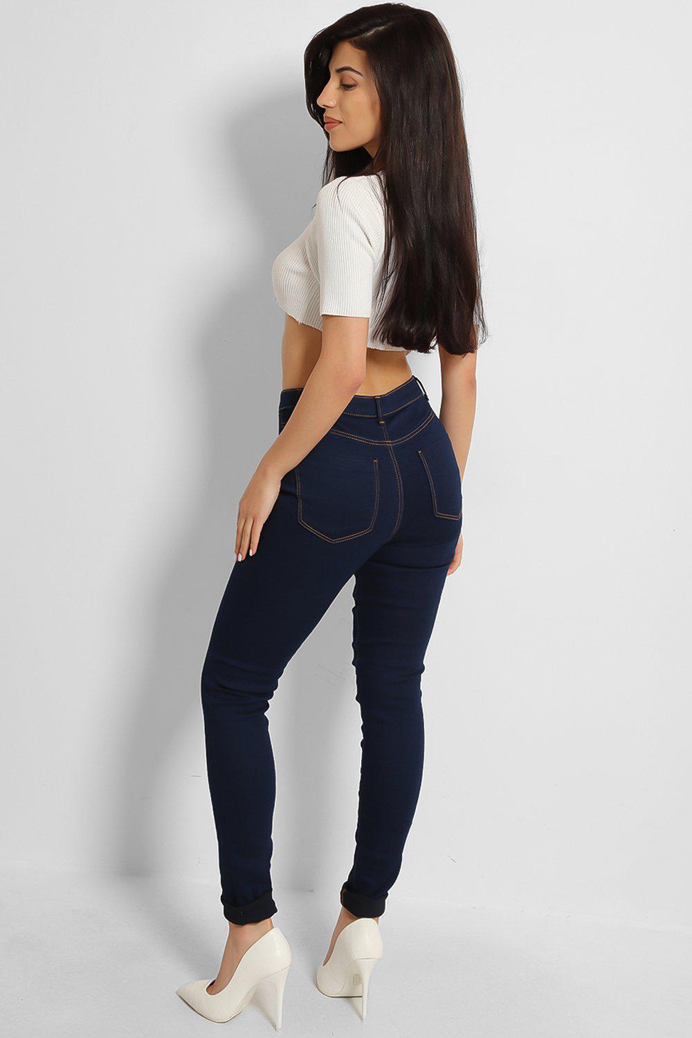Navy Mid-Rise Contrast Stitch Skinny Jeans - SinglePrice