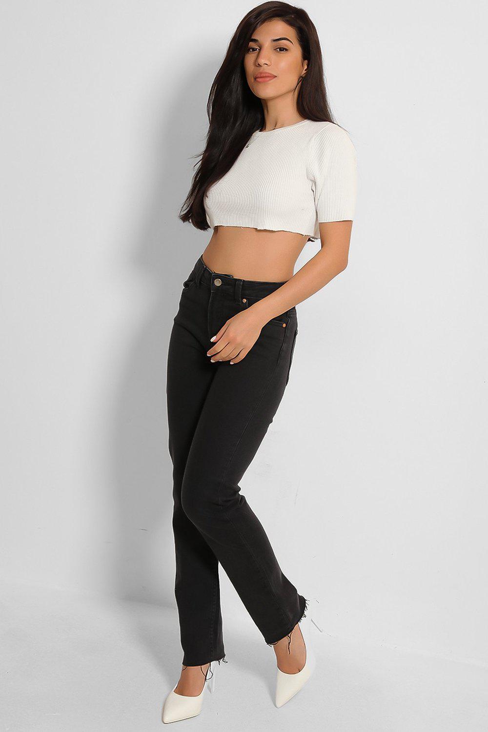 Black Thick Denim Raw Hem Jeans-SinglePrice