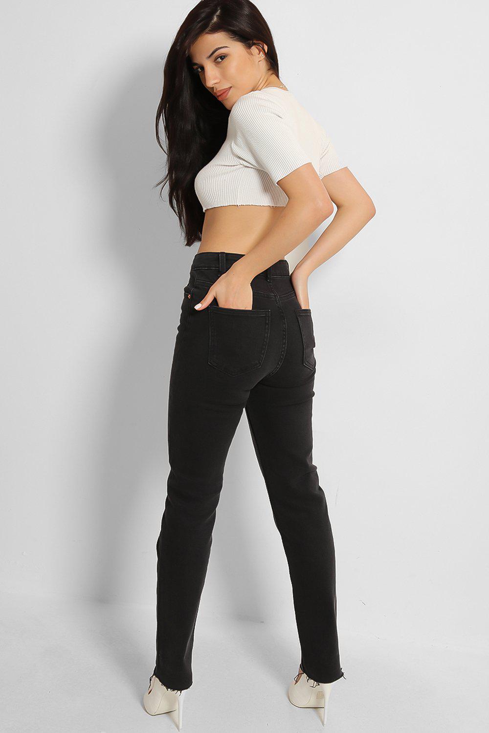 Black Thick Denim Raw Hem Jeans-SinglePrice