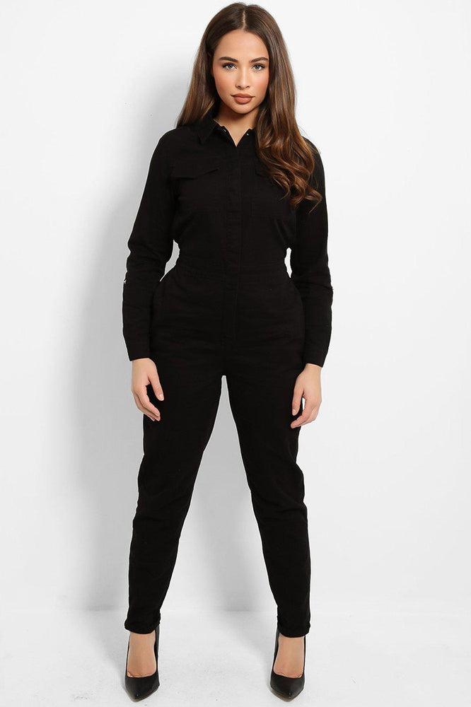 Black Hidden Buttons Placket Skinny Fit Denim Jumpsuit-SinglePrice