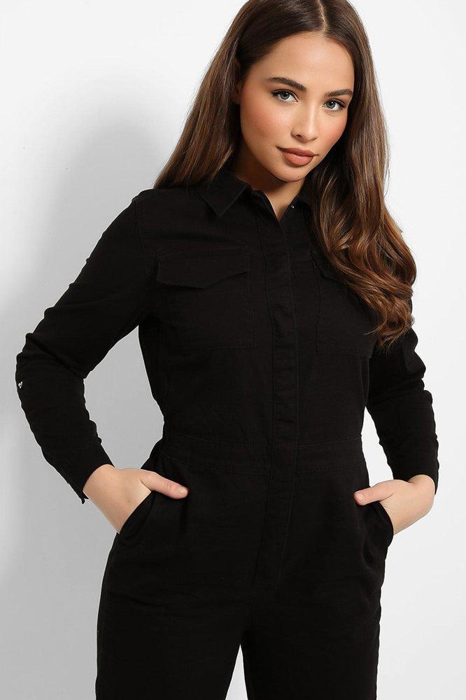 Black Hidden Buttons Placket Skinny Fit Denim Jumpsuit-SinglePrice
