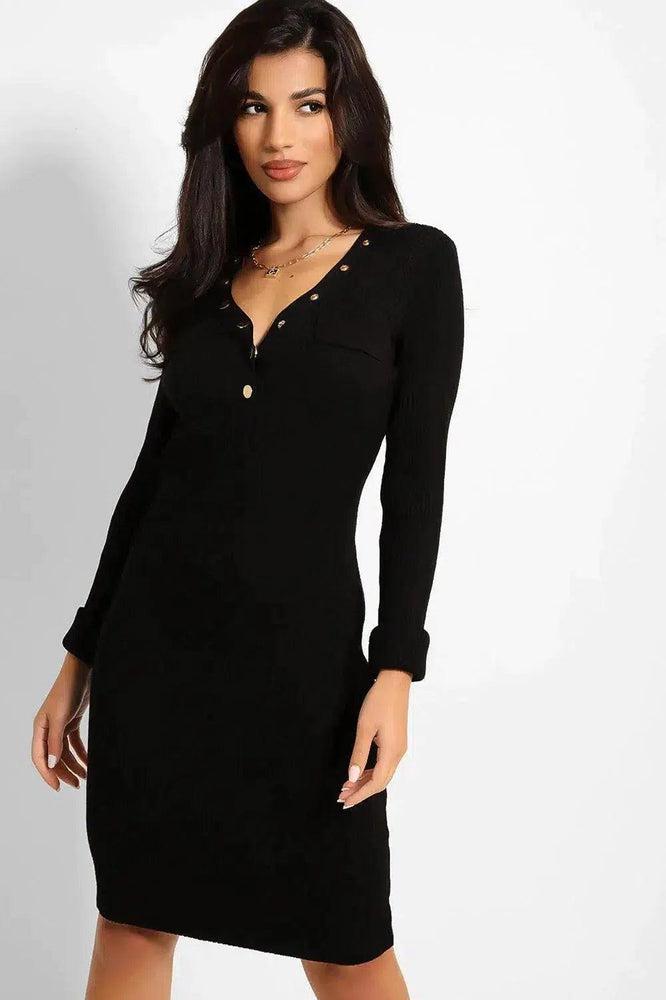 Black Popper Buttons V-Neck Knitted Dress-SinglePrice
