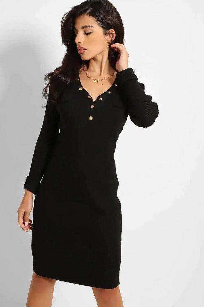 Black Popper Buttons V-Neck Knitted Dress-SinglePrice
