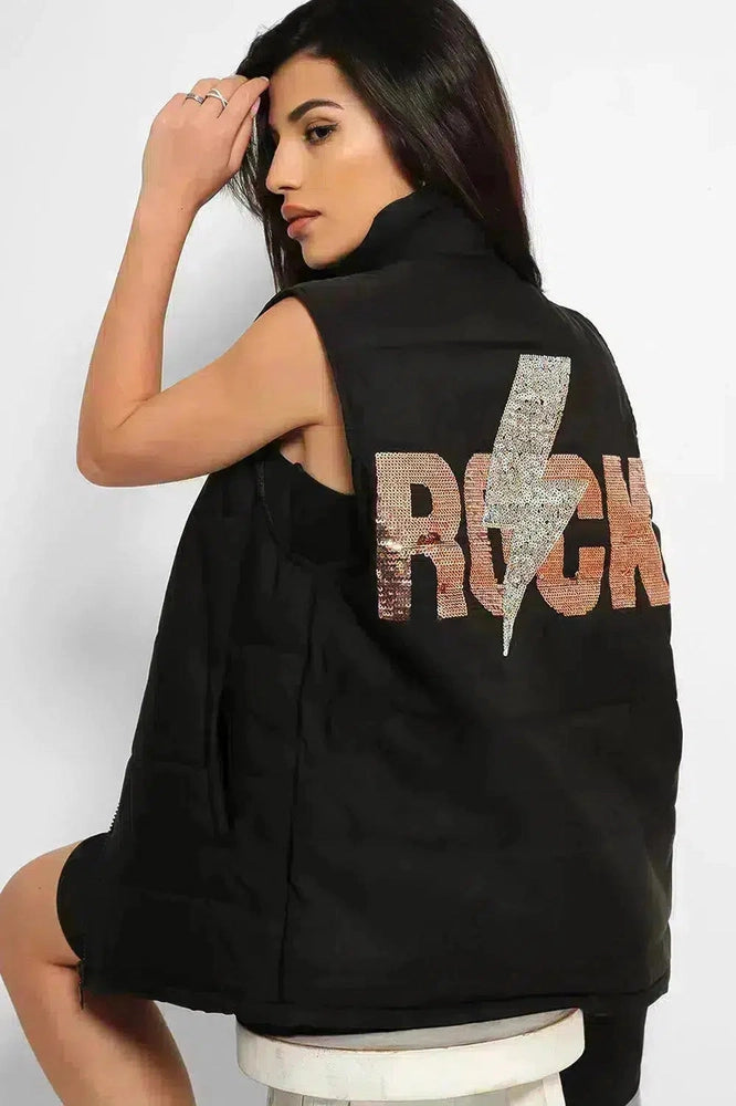 Black Sequin ROCK Slogan Back Waistcoat-SinglePrice