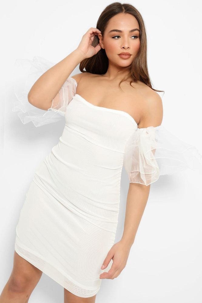 White Organza Sleeves Ruched Net Overlay Mini Dress-SinglePrice