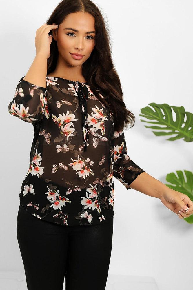 Black Floral Print Sheer Chiffon Top-SinglePrice