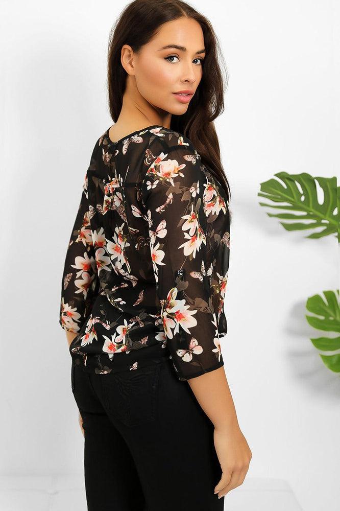 Black Floral Print Sheer Chiffon Top-SinglePrice