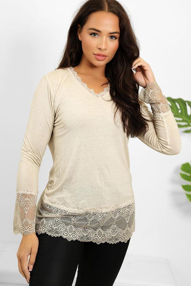 Lace Hem And Sleeves Bleached Effect Viscose Top-SinglePrice