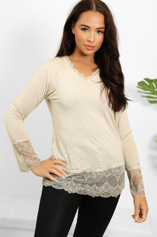 Lace Hem And Sleeves Bleached Effect Viscose Top-SinglePrice