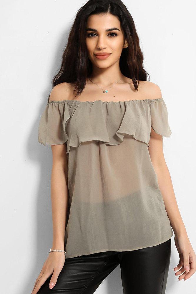 Khaki Off The Shoulder Semi Sheer Top-SinglePrice