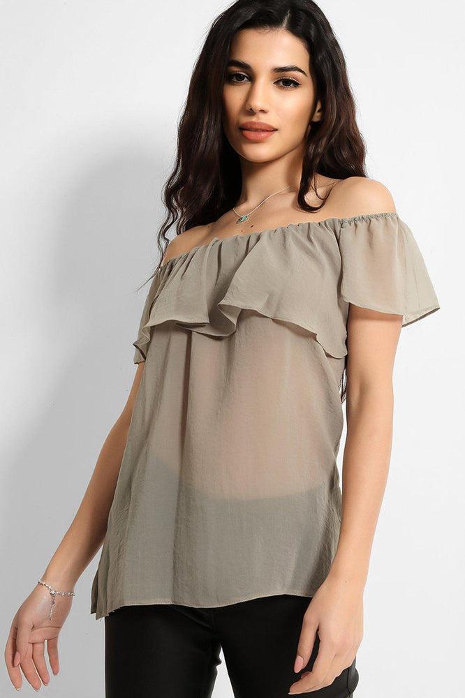 Khaki Off The Shoulder Semi Sheer Top-SinglePrice