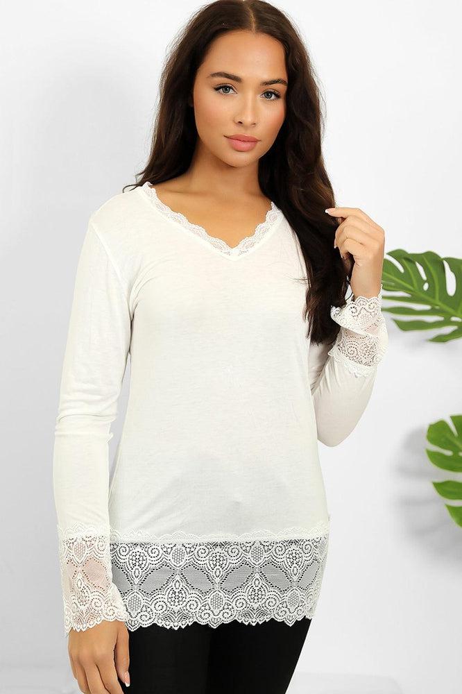 Lace Hem And Sleeves Bleached Effect Viscose Top-SinglePrice