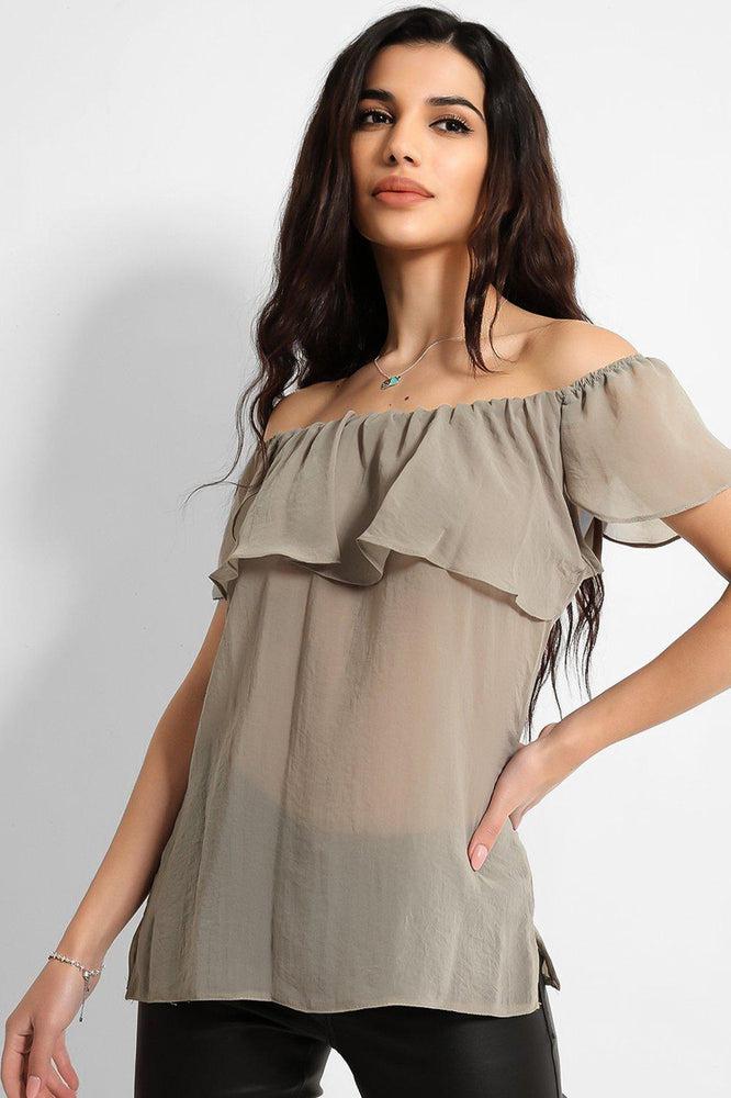 Khaki Off The Shoulder Semi Sheer Top-SinglePrice