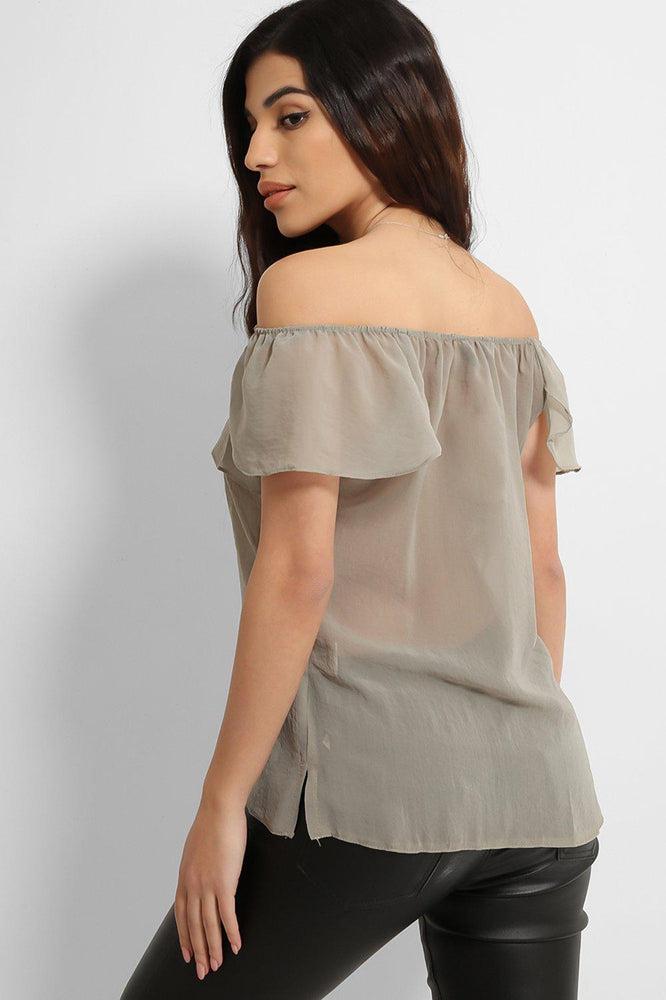 Khaki Off The Shoulder Semi Sheer Top-SinglePrice