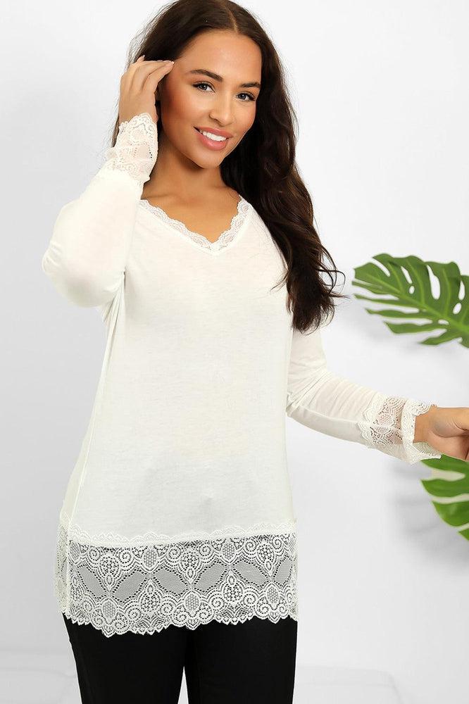 Lace Hem And Sleeves Bleached Effect Viscose Top-SinglePrice