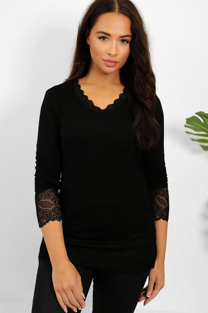 Lace Hem And Sleeves Bleached Effect Viscose Top-SinglePrice