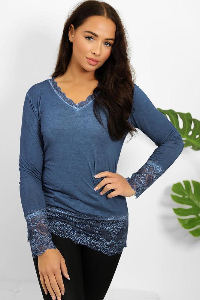Lace Hem And Sleeves Bleached Effect Viscose Top-SinglePrice
