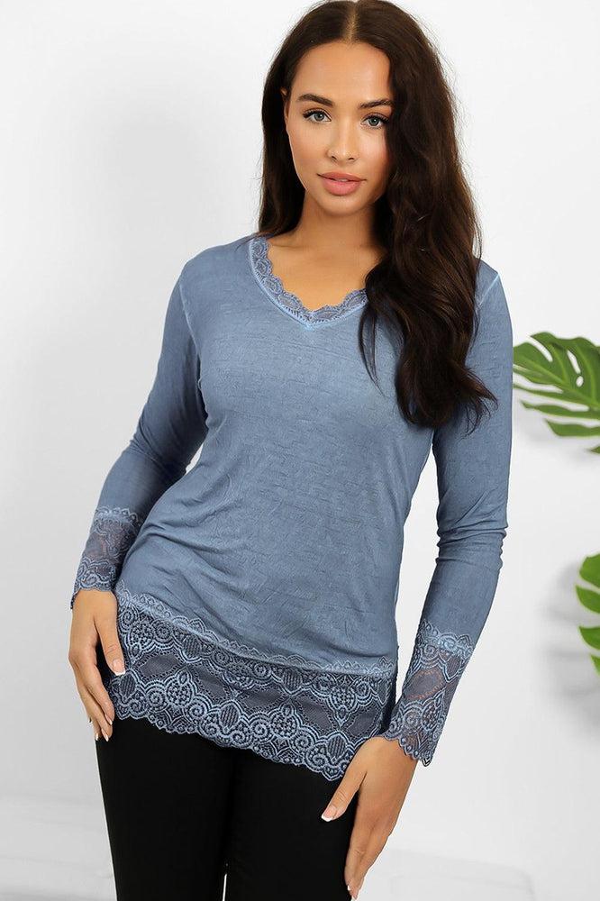 Lace Hem And Sleeves Bleached Effect Viscose Top-SinglePrice