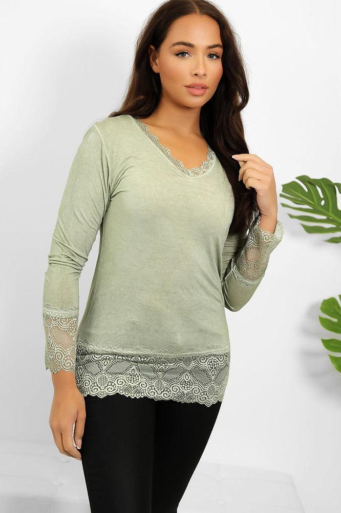 Lace Hem And Sleeves Bleached Effect Viscose Top-SinglePrice