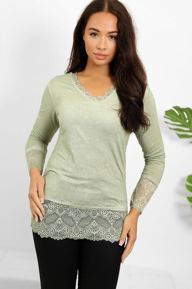 Lace Hem And Sleeves Bleached Effect Viscose Top-SinglePrice