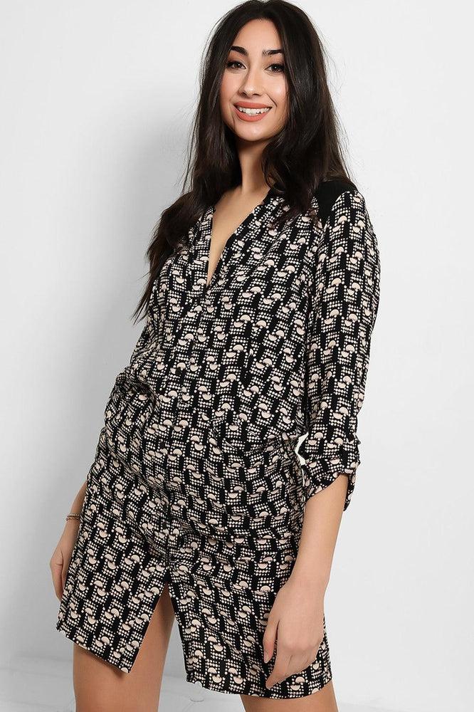 Black Abstract Print Shirt Dress-SinglePrice