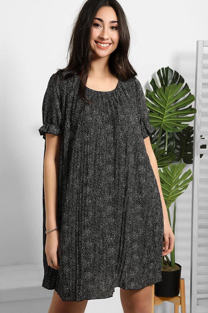 Dotted Print Pleated Shirt Dress-SinglePrice