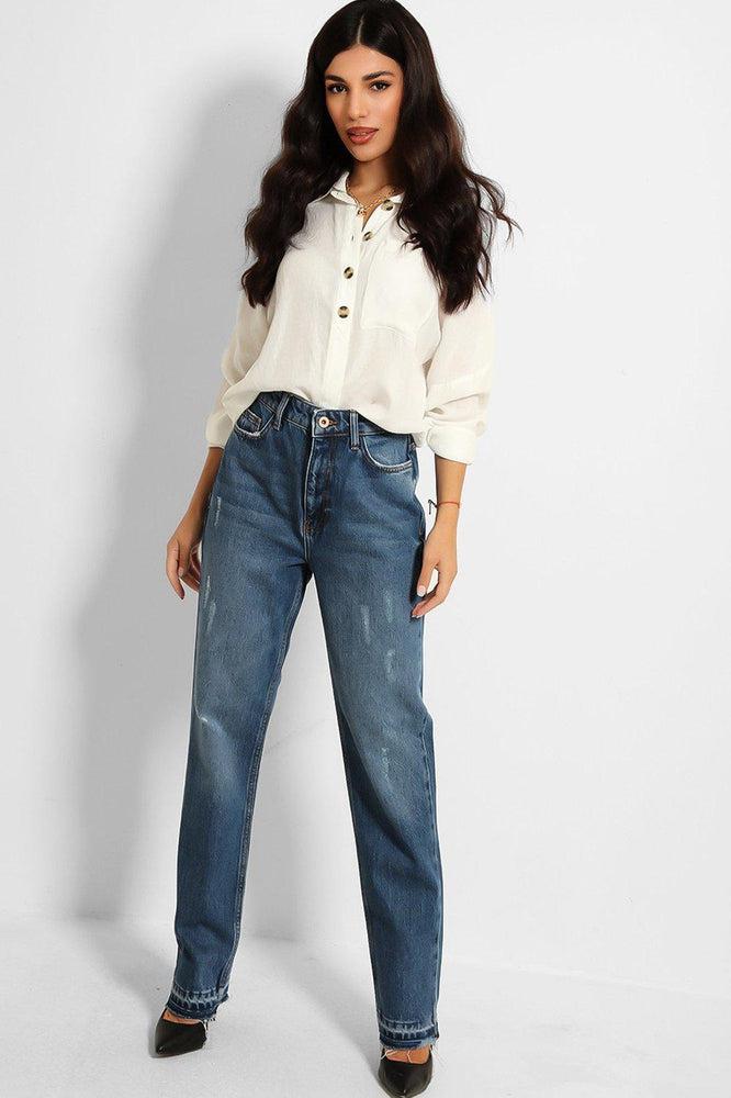 Blue Denim Distressed Mom's Jeans-SinglePrice