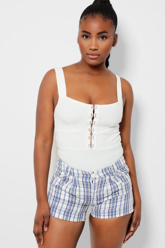 White Blue Check Roll Up Hem City Shorts-SinglePrice