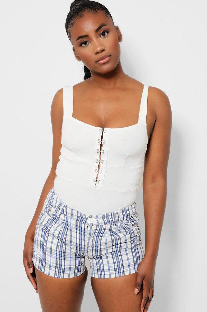 White Blue Check Roll Up Hem City Shorts-SinglePrice