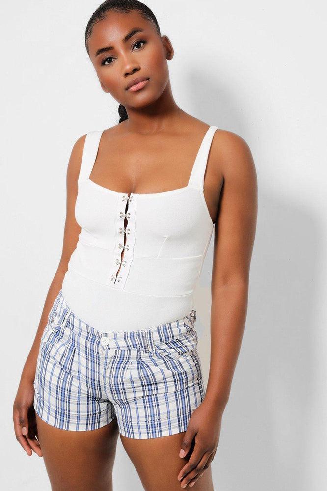 White Blue Check Roll Up Hem City Shorts-SinglePrice