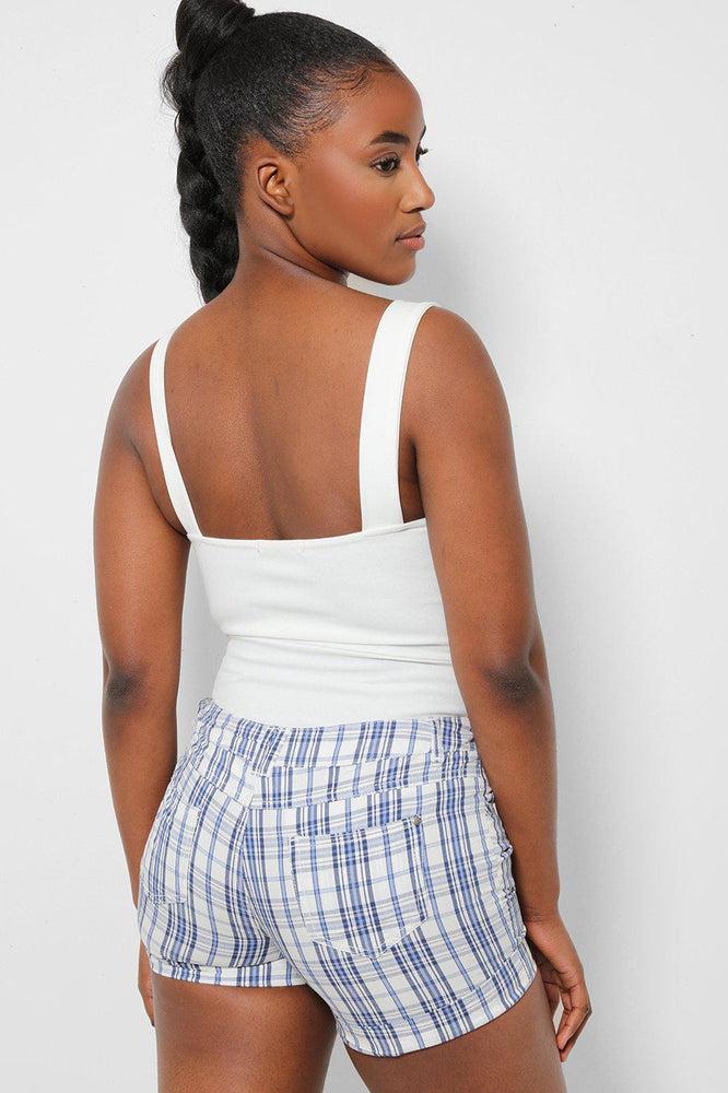 White Blue Check Roll Up Hem City Shorts-SinglePrice