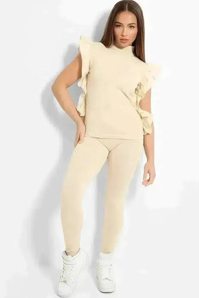 Beige Full Frill Sleeves Knitted Set-SinglePrice